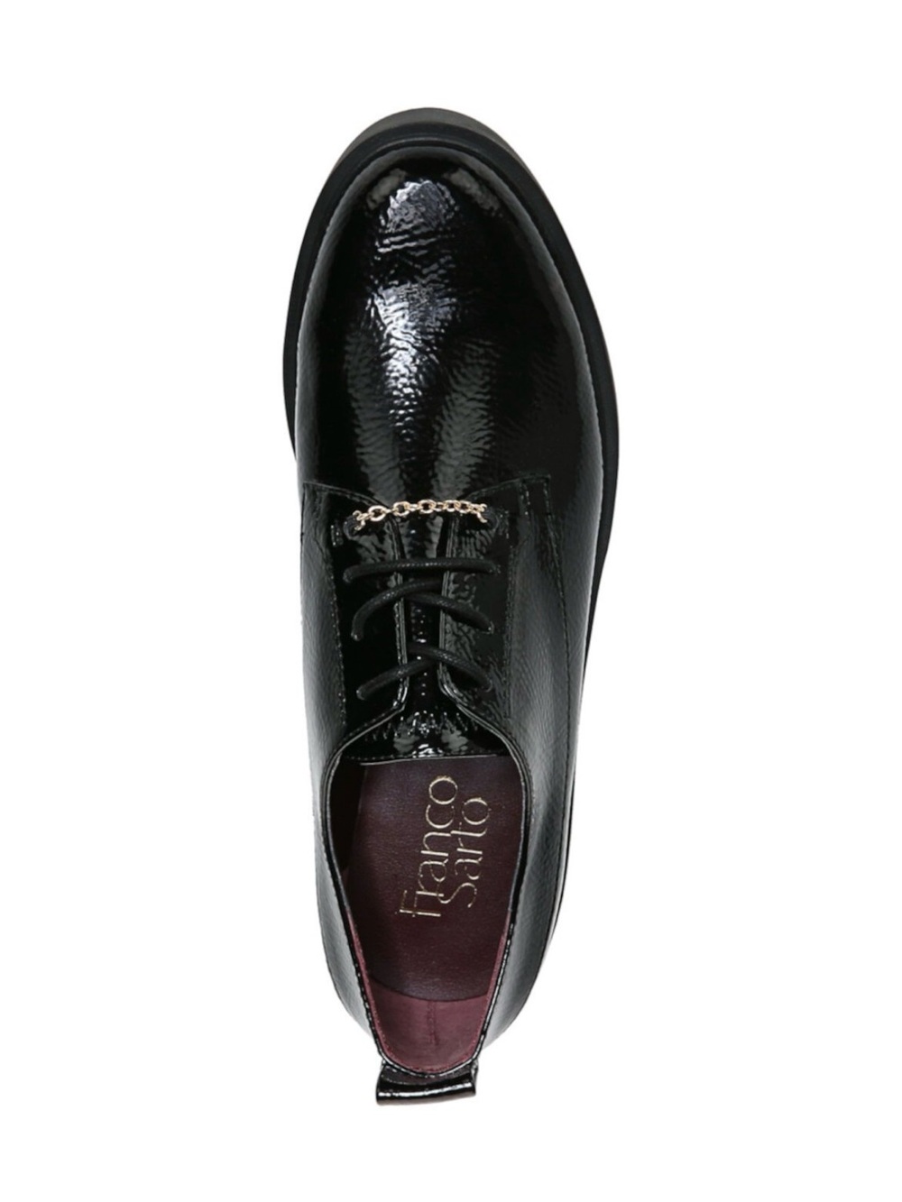 Franco Sarto Black Patent Leather Derby with Chain Accent